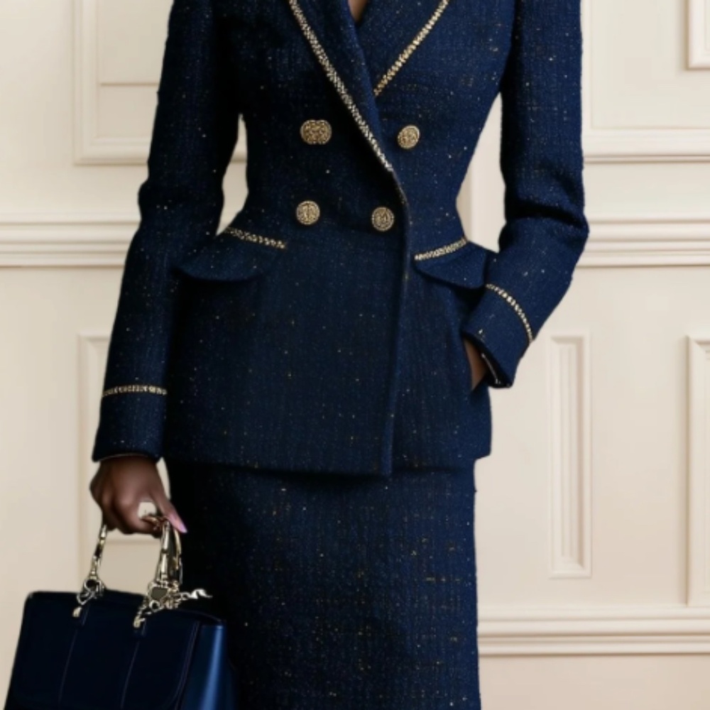 NWT - Navy Tweed Buckle Peaked Lapel Collar Long Sleeve Dressy Coat With Skirt